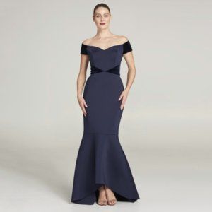 Eliza J Navy off shoulder gown with velvet details